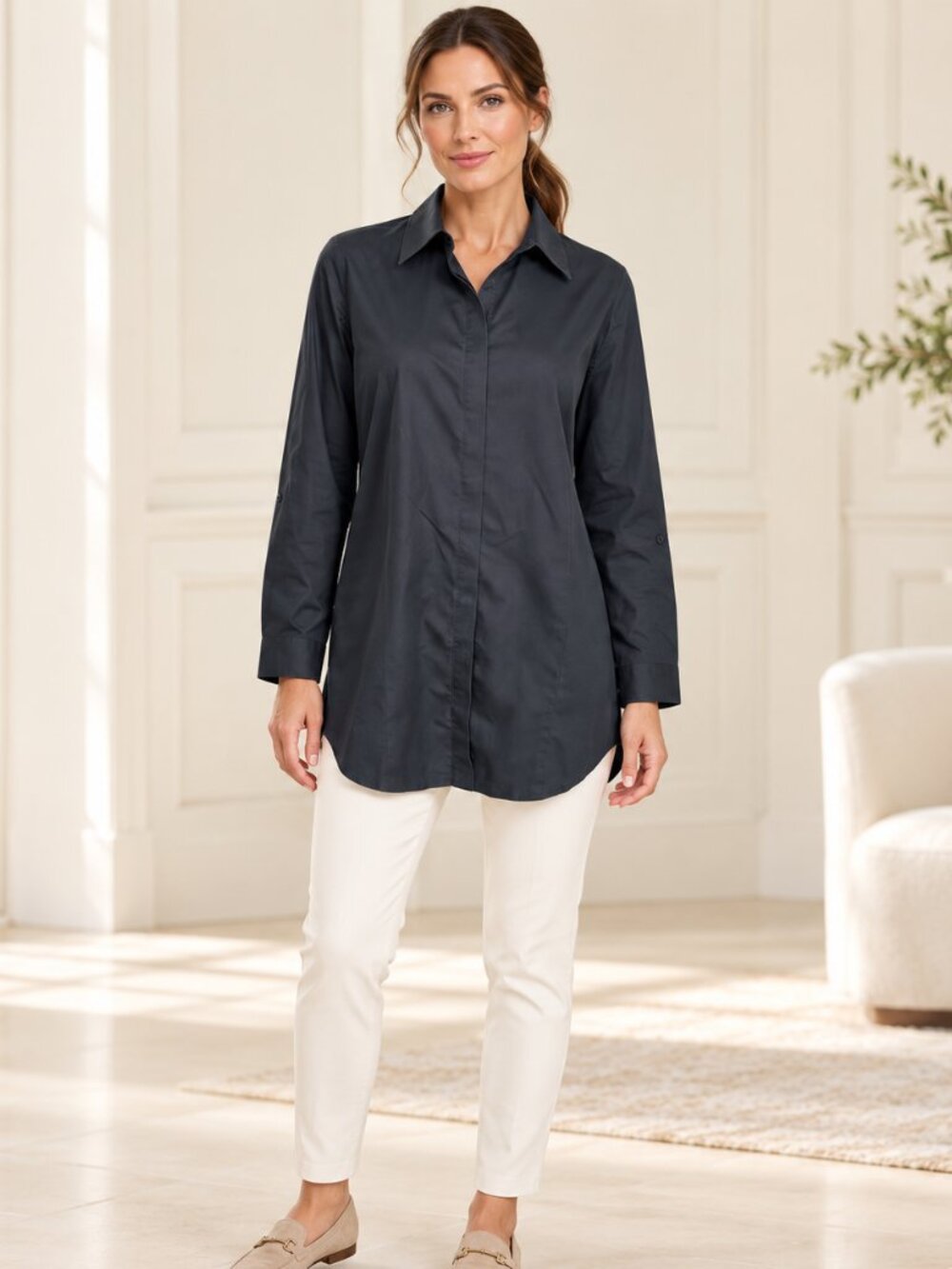 Chico's Blouse Black Button Up Shirt XL No Iron Office Career Minimalist Classic